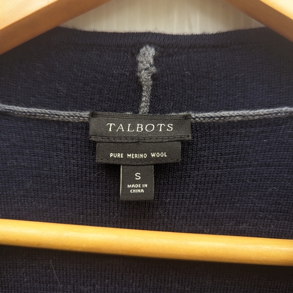 TALBOTS pure merino wool navy gray colorblock open front long cardigan coatigan - Picture 2 of 8